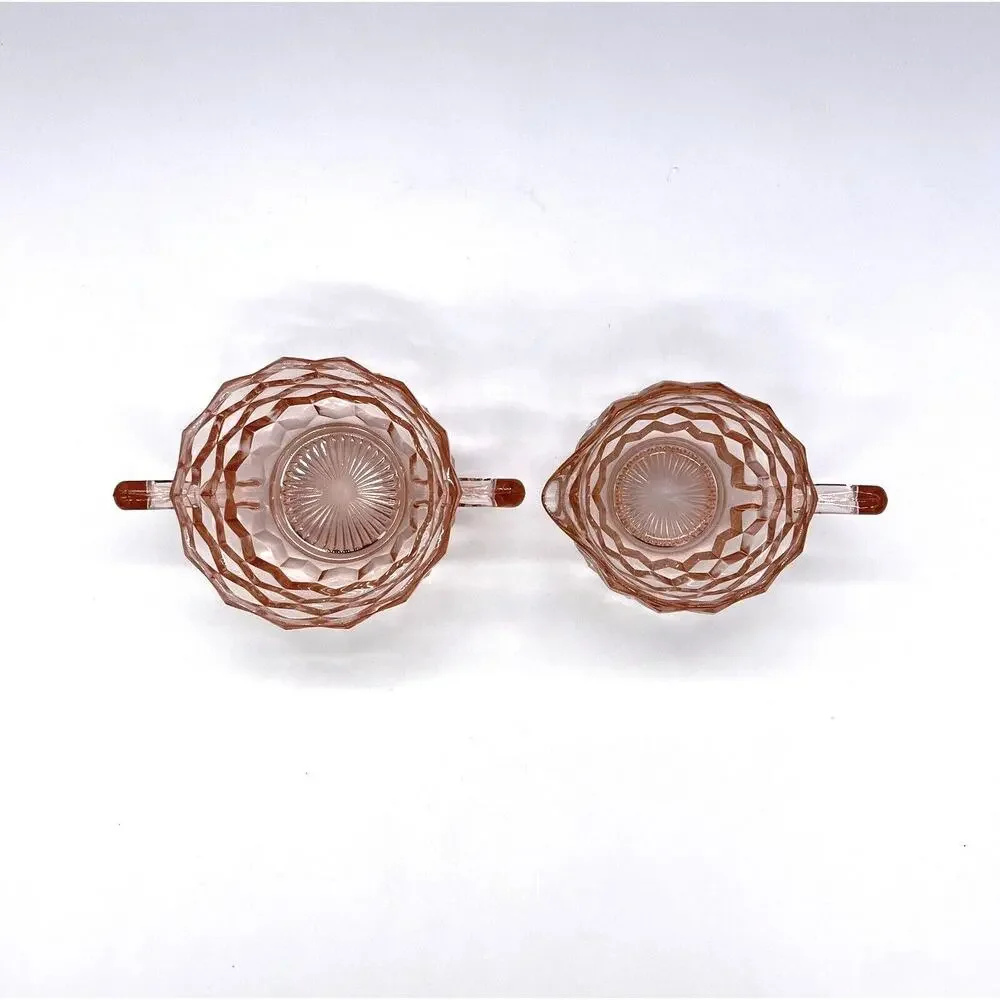 Vintage Jeanette Pink Creamer & Sugar Depression Glass Cube Fostoria